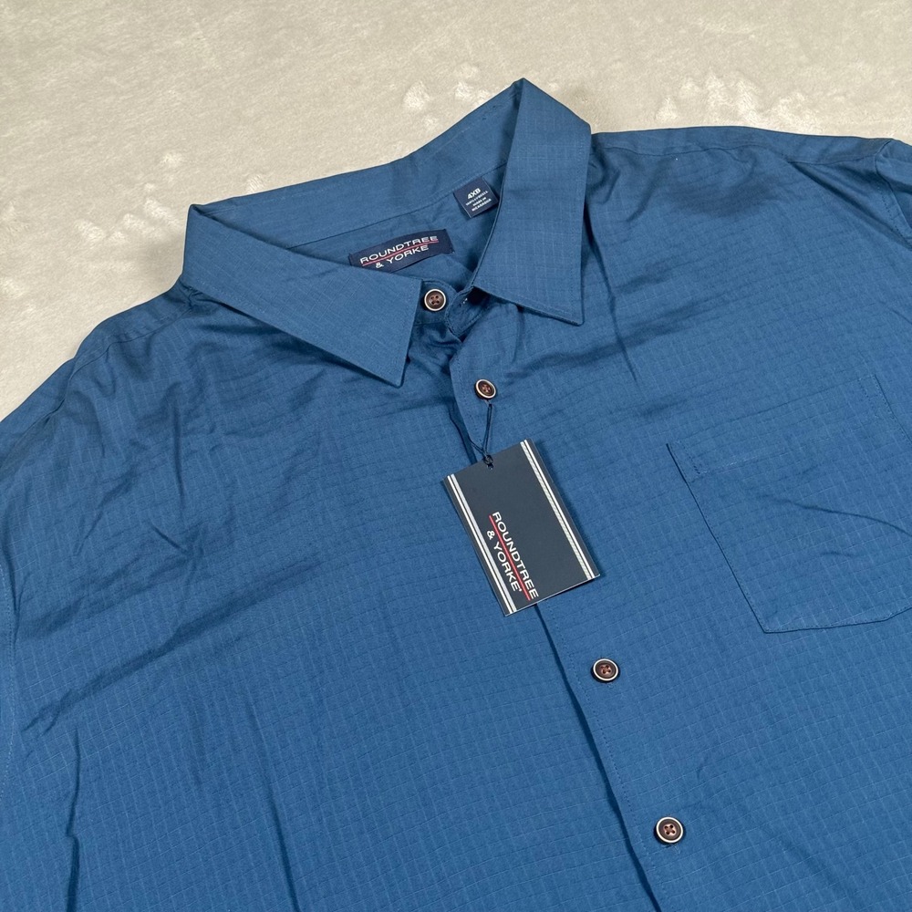 Roundtree & Yorke Button Up Shirt Mens 4XB Blue Short Sleeve Grid Lyocell NWT